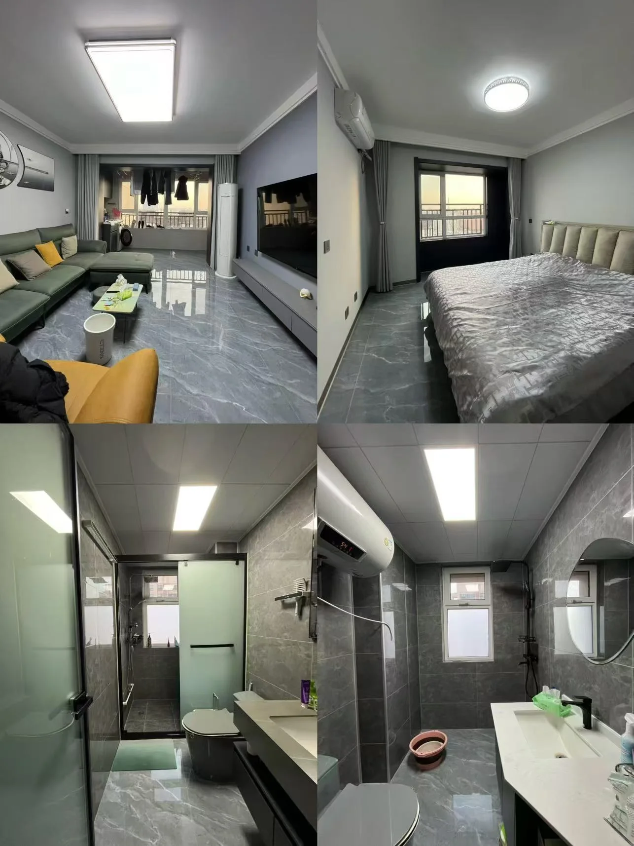 温馨舒适的室内场景，卧室宽敞，浴室设施齐全，客厅有沙发和餐桌，自然光透过窗户洒进室内，营造出开阔明亮的氛围。关键字:卧室 浴室 沙发 餐桌 自然光 开阔明亮