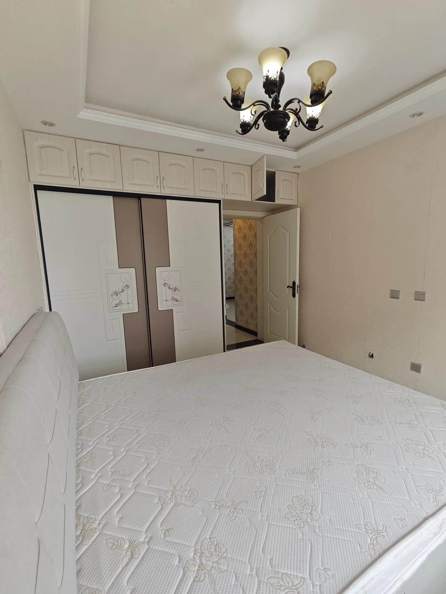 宽敞明亮的卧室，白色墙壁，大床中央，双开门设计，一扇通向走廊。吊灯上方床头，增添优雅氛围。整体宁静宜人，是放松休息的好去处。关键字:卧室 白色墙壁 大床 双开门 走廊 吊灯 宽敞明亮 宁静宜人