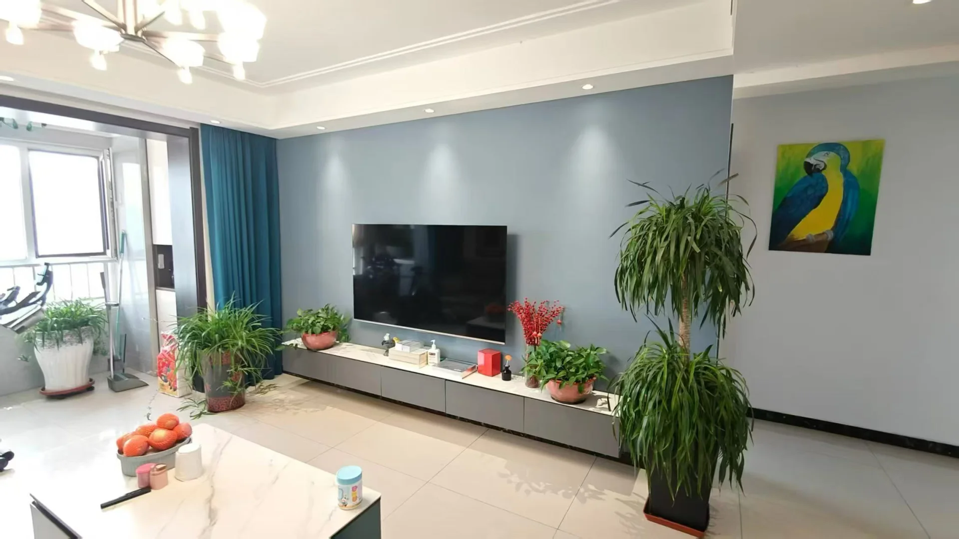 宽敞明亮的客厅，蓝色墙壁增添优雅氛围。绿植点缀，电视墙挂，装饰品丰富，营造温馨舒适的生活空间。关键字:宽敞 蓝色墙壁 绿植 电视墙挂 装饰品