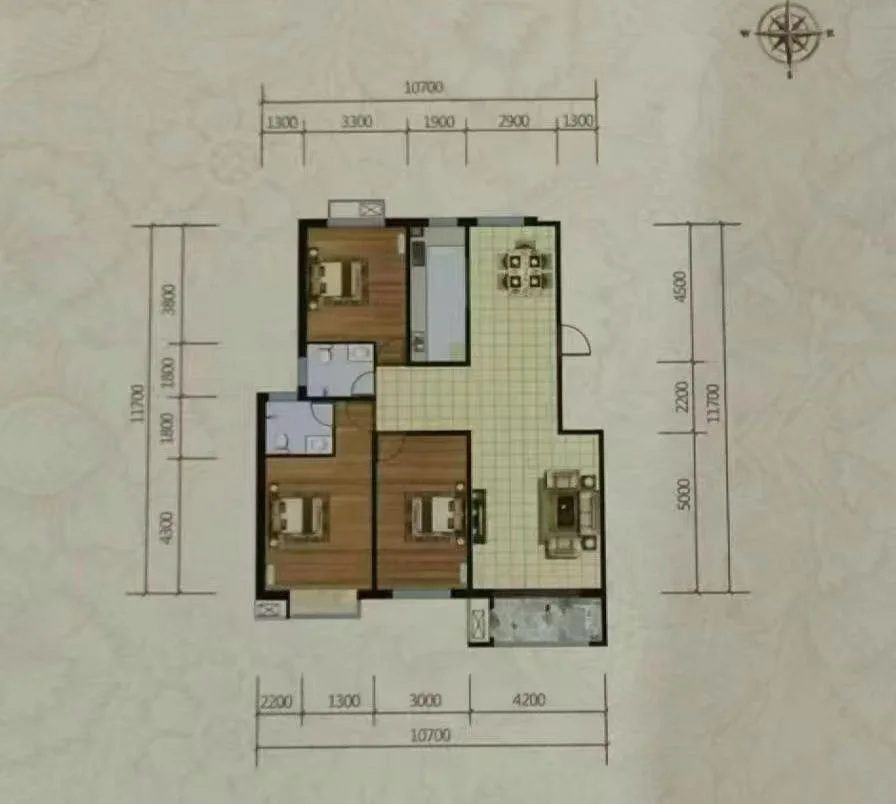 一张详细的房屋平面户型图，清晰展示了房屋的整体结构布局、房间划分以及精确的面积标注（如10700、11700等），体现了清晰的空间动线和结构逻辑。