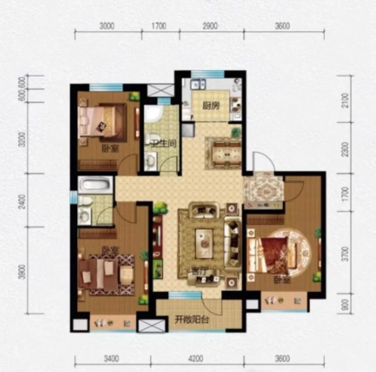 一张详细的房屋平面户型图，清晰展示了房屋的整体结构布局、房间划分以及各区域的尺寸标注，体现了清晰的空间动线和功能分区。