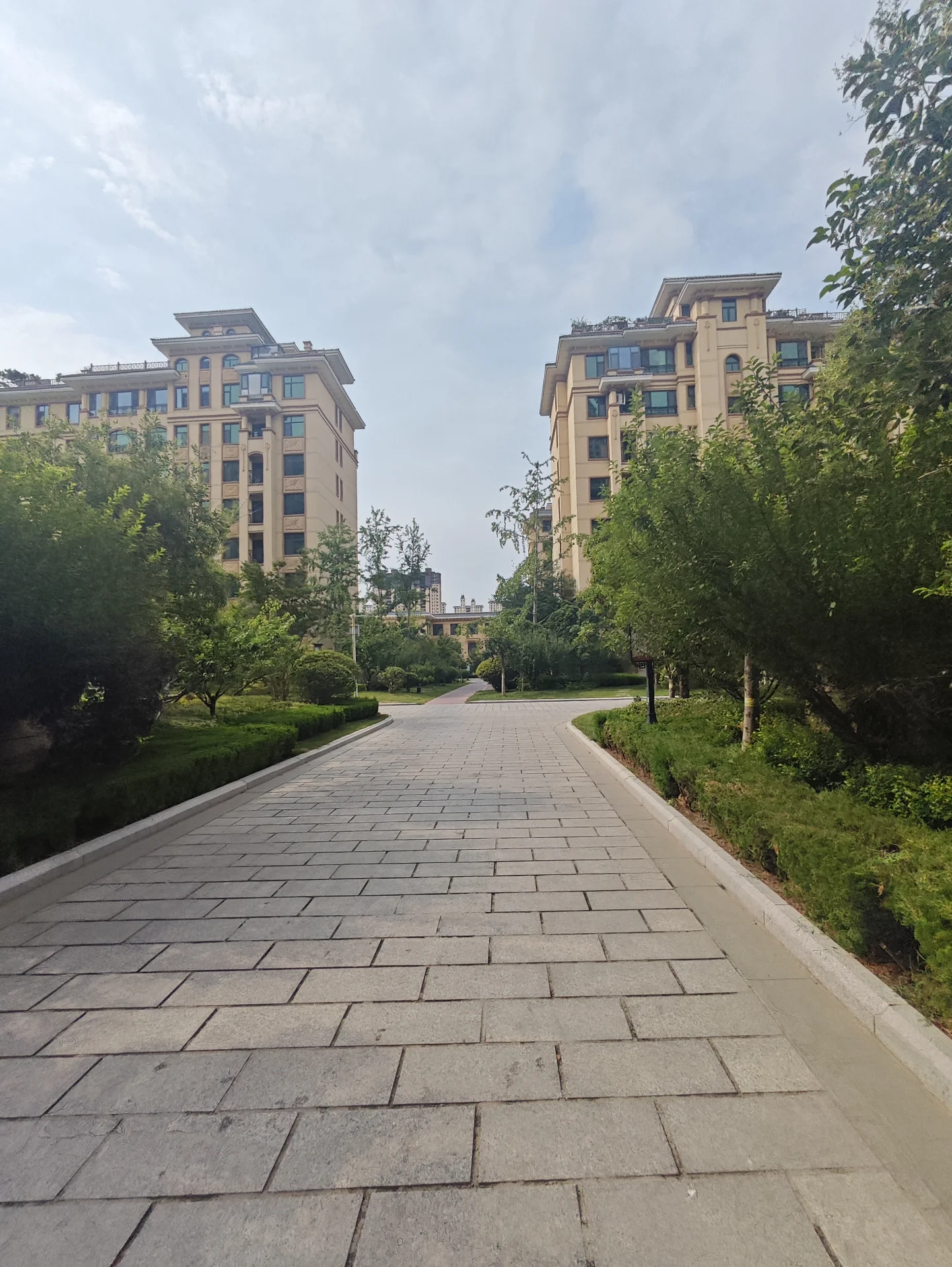 两栋风格相似的现代高层住宅建筑位于社区内，外立面整洁，配有茂密的绿化带和铺设平整的街道，整体氛围宁静和谐，展现了成熟的城市居住环境。
