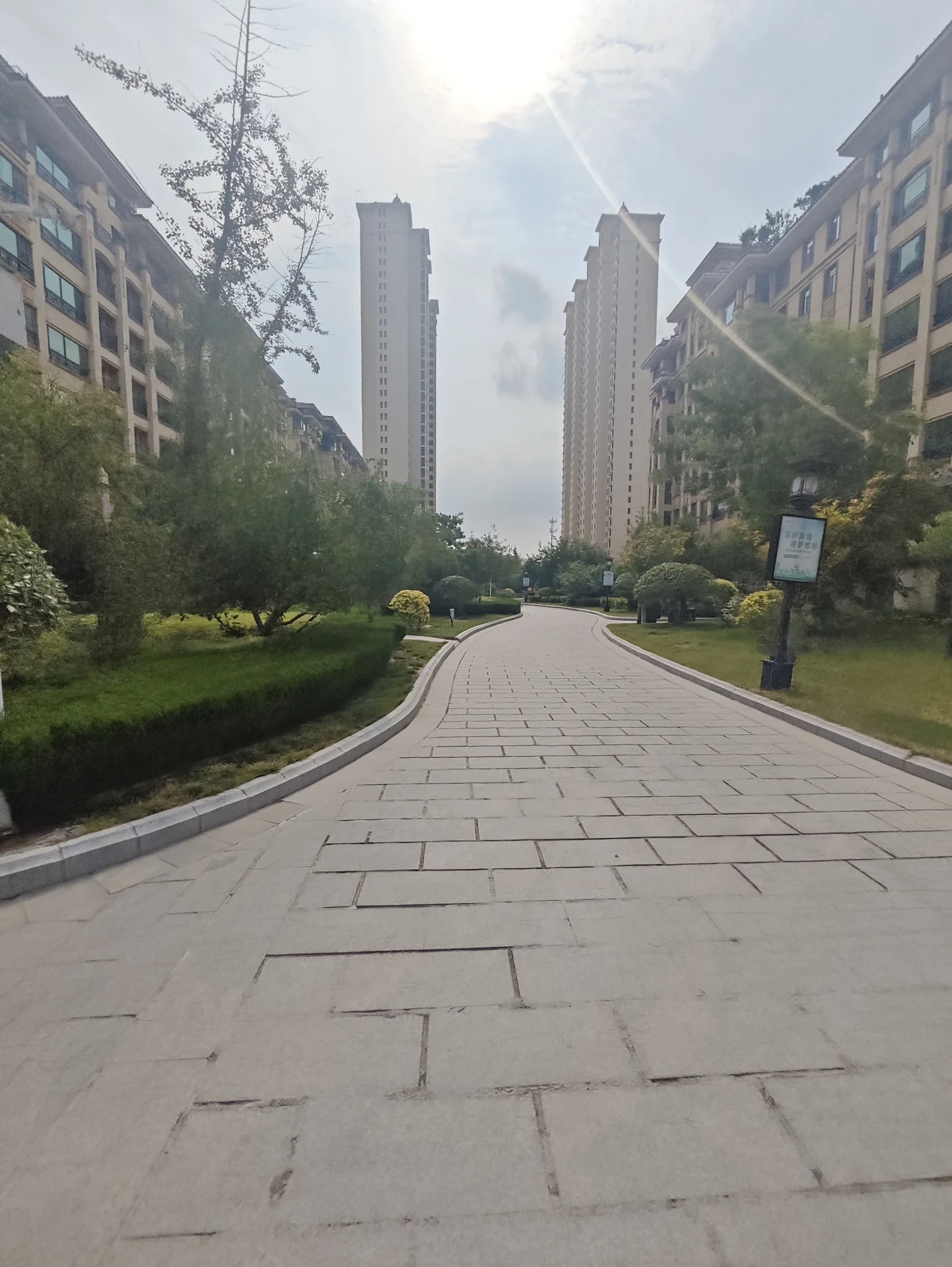 多栋高层白色住宅楼的外部立面清晰可见，建筑之间被修剪整齐的绿化带和人行道分隔。整体呈现出城市住宅区宁静、有序的建筑景观氛围。