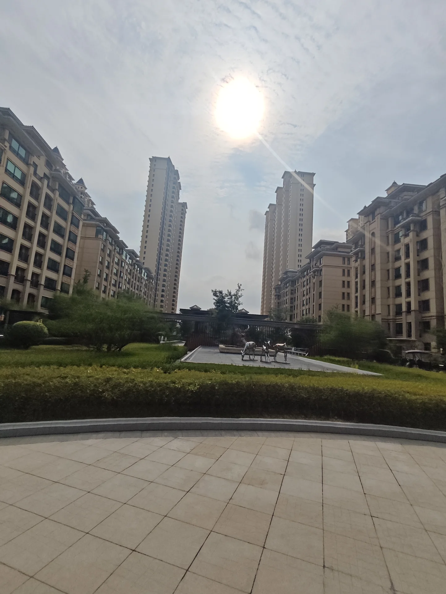 多栋高层住宅楼的外部立面清晰可见，建筑风格统一，前景是精心维护的绿化带和社区公共区域，整体呈现出现代都市居住环境的宁静与繁荣。