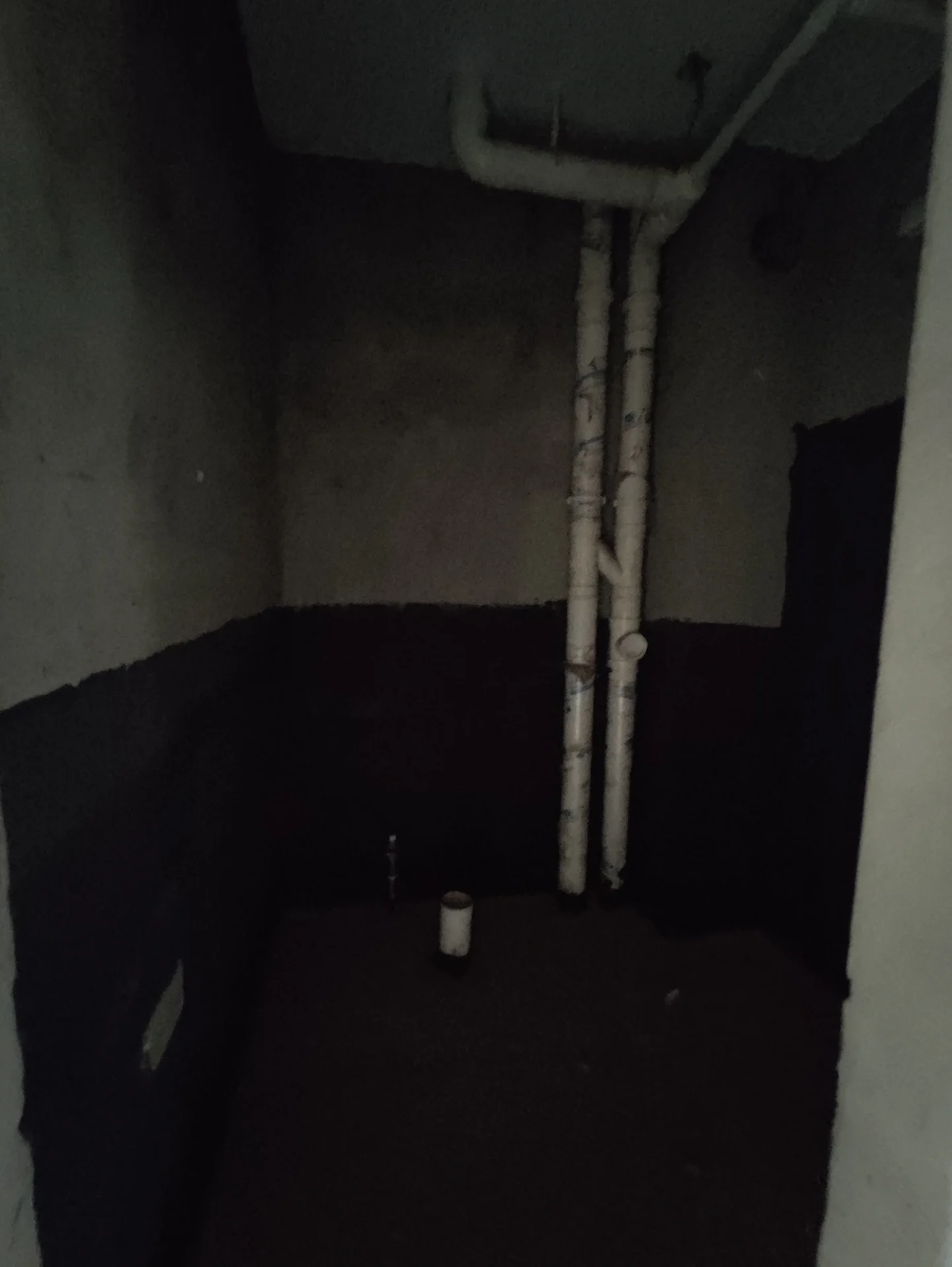 黑色房间，地板有一根白色水管，墙壁漆黑，房间破旧，氛围诡异阴森，有厕所。