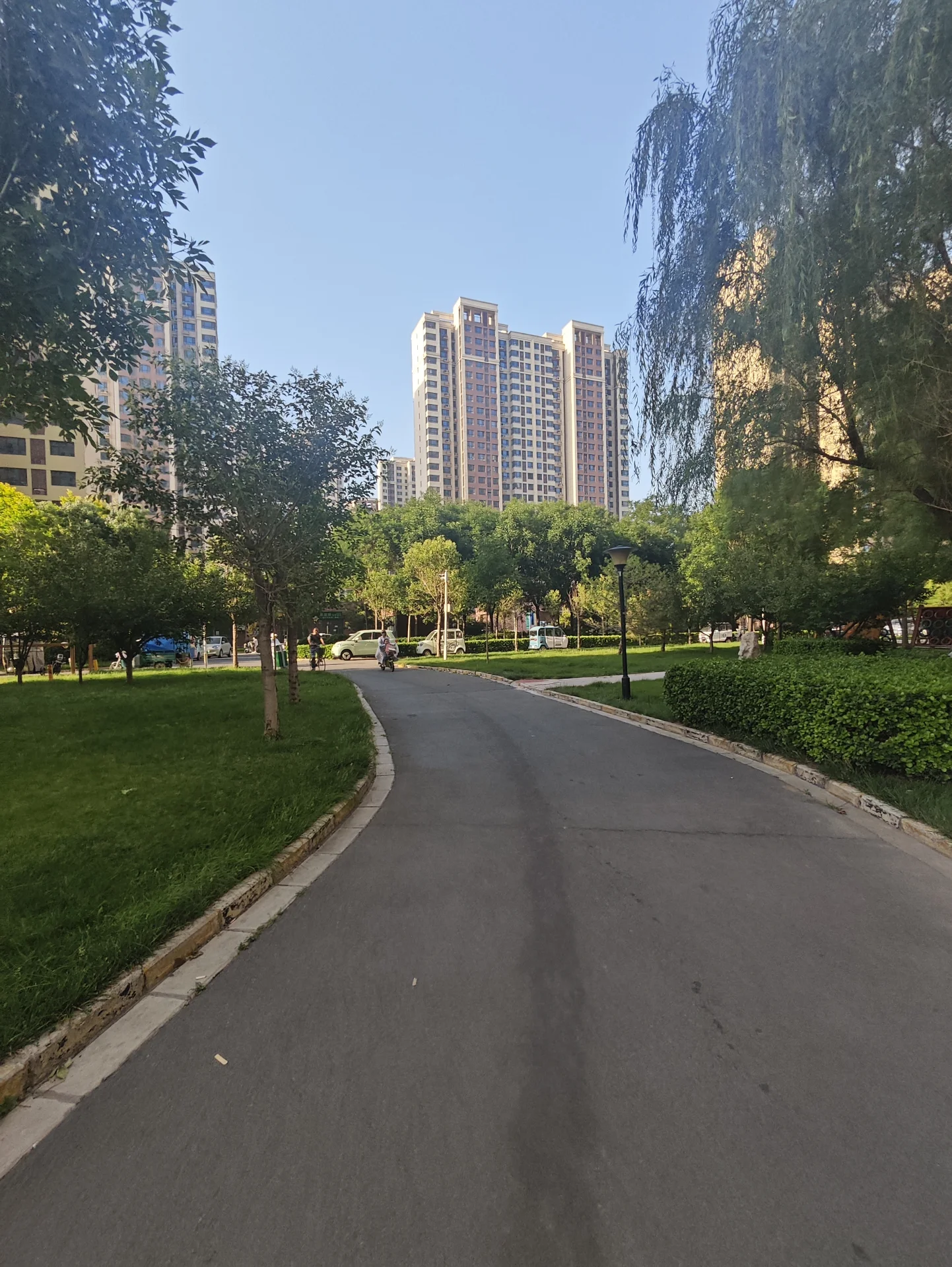城市街道，背景为大型建筑，街道两侧有树木，氛围绿色宁静，建筑有独特装饰风格。街道相对新，维护良好整洁。树木和建筑墙体、地板营造出一幅美丽的城市风景。