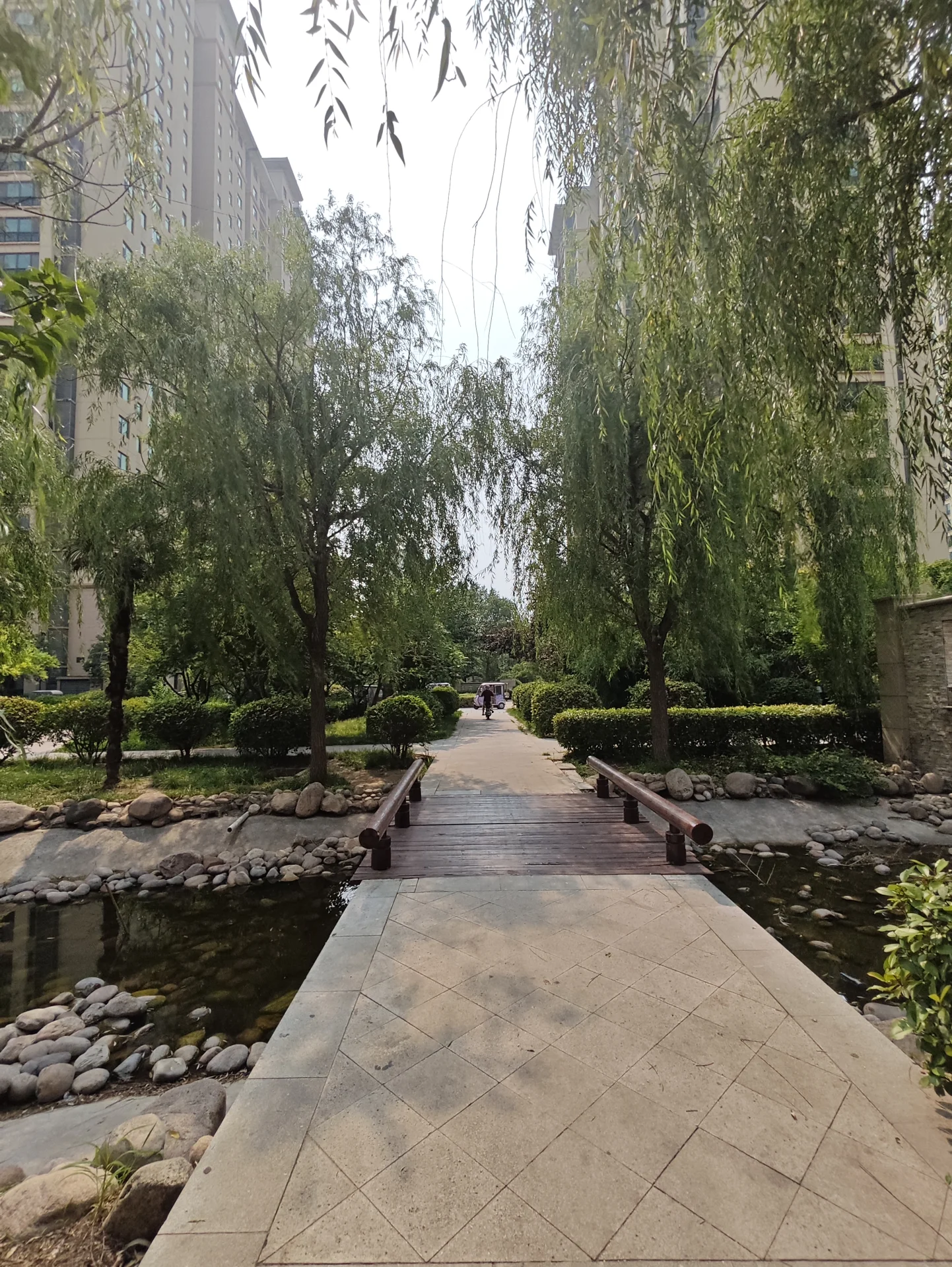 公园长木桥横跨小溪，周围绿树环绕，背景有建筑和房屋，整体氛围宁静宜人。
