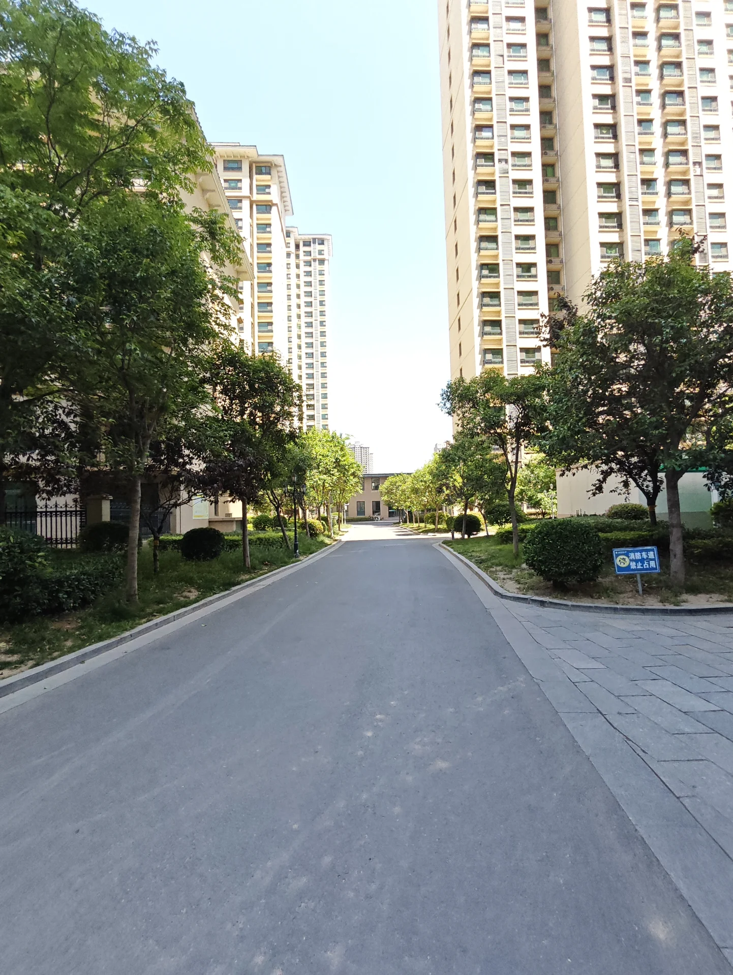城市街道，两侧有高大建筑，现代风格，氛围宁静和谐，街道空旷无人。