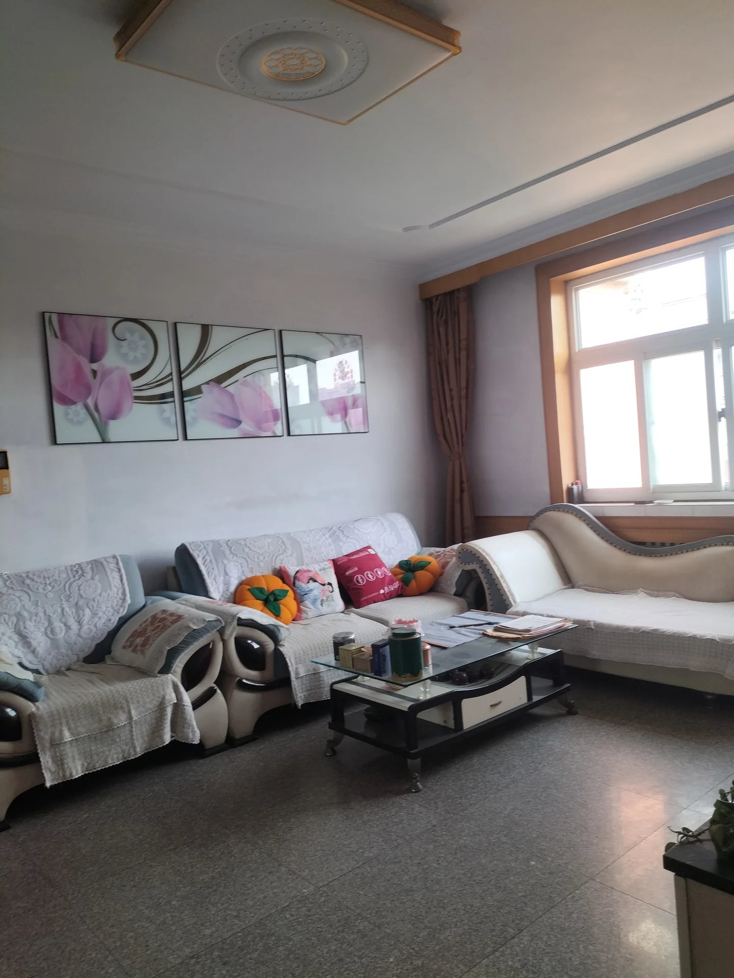 客厅场景，墙面采用浅色调，配有沙发和床铺等大件家具。采光良好，整体呈现温馨舒适的居住氛围。