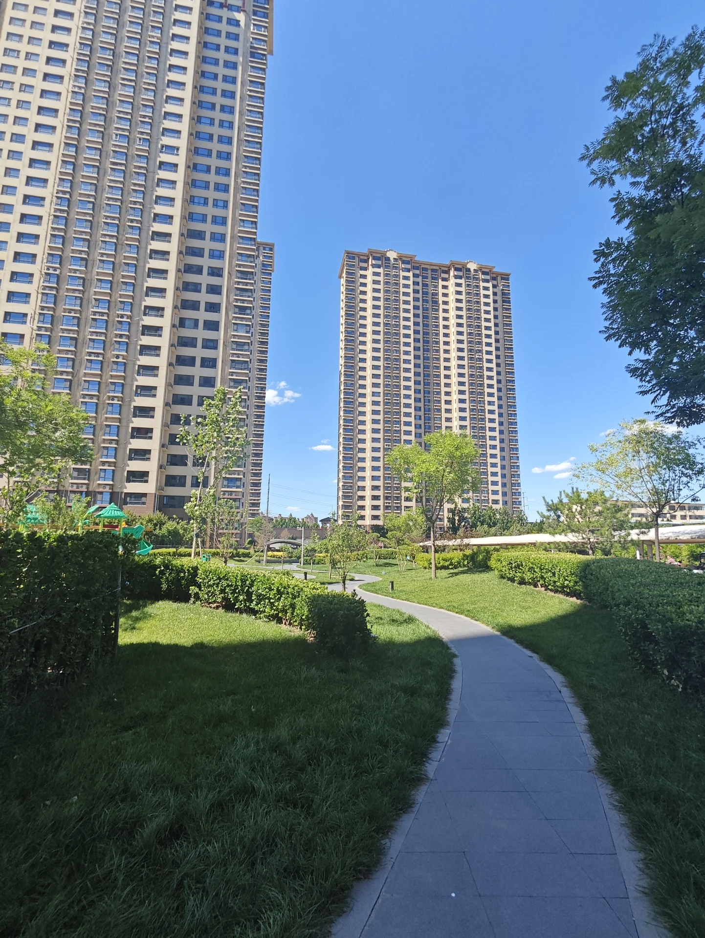 城市公园，有蜿蜒小径穿过，周围高楼林立，天空蔚蓝，环境宜人。