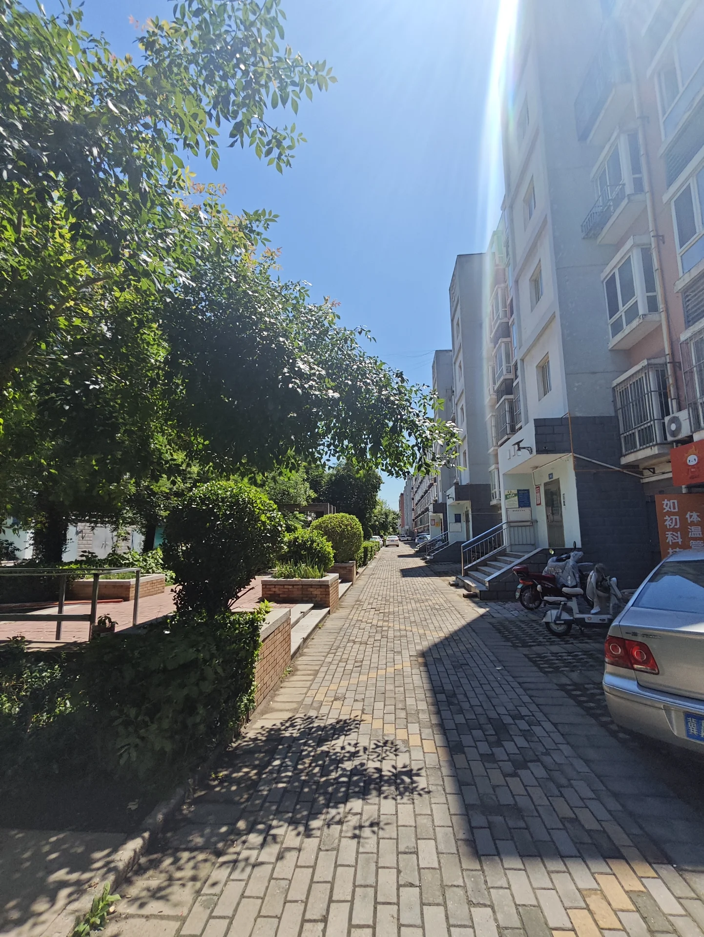 街道两侧排列着多栋楼房和公寓，建筑高耸紧密，形成都市密度。氛围宁静祥和，阳光明媚，街道上车辆停放：汽车、摩托车和自行车。