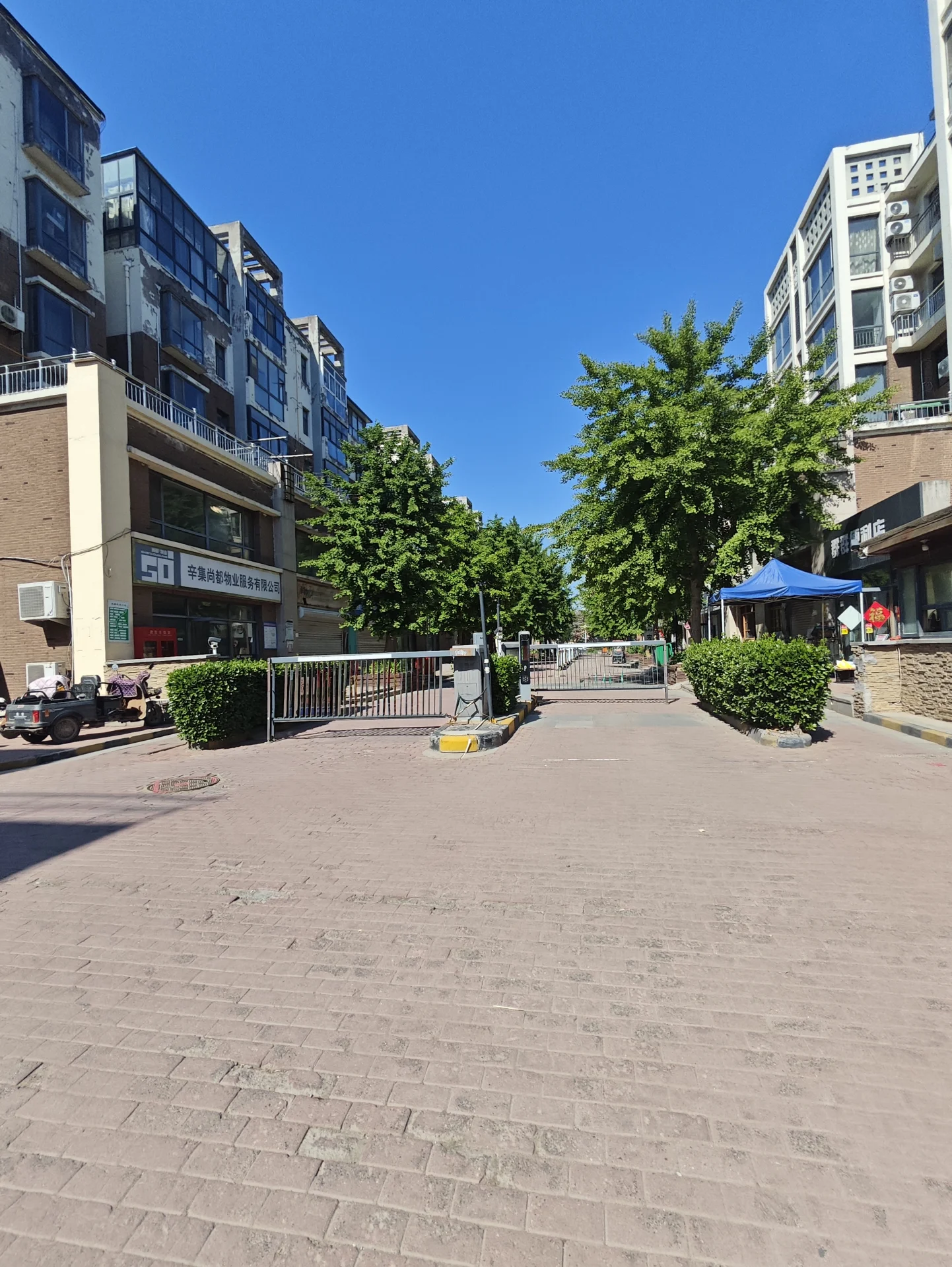 城市街道，红砖路，高-rise建筑，蓝色雨伞，户外活动，行人稀少，氛围宁静，现代建筑风格，窗户和露台。关键字:城市街道 红砖路 高-rise建筑 蓝色雨伞 户外活动 行人稀少 宁静氛围 现代建筑风格 窗户和露台