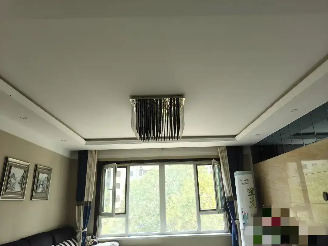 宽敞明亮的房间，高 ceilings，中间摆放着沙发，自然光透过窗户洒满空间。吊灯增添优雅氛围，两侧墙上挂着两幅画作。关键字:宽敞 明亮 高 ceilings 沙发 自然光 吊灯 画作
