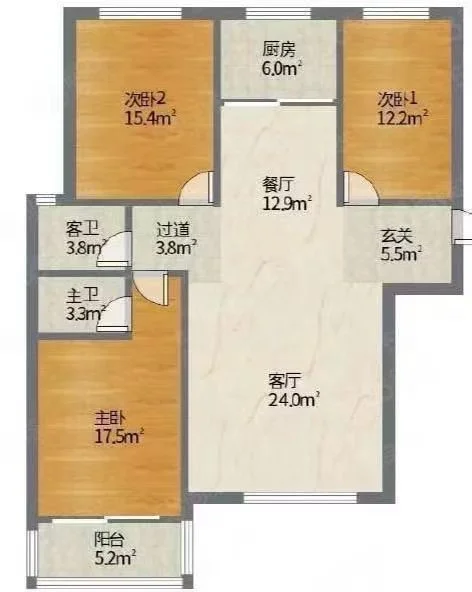 图片展示了一栋房屋的平面布局图，包括房间及其尺寸。房屋为两层结构，一楼较小且为棕色，二楼较大且为白色。房屋位于居民区，场景中包含一辆停在背景中的汽车、一个站在汽车旁的人和一把放在客厅的椅子。整体氛围显得平静有序，房屋是图片的主要焦点。关键字:平面布局图, 房屋, 两层结构, 棕色, 白色, 居民区, 汽车, 人, 客厅