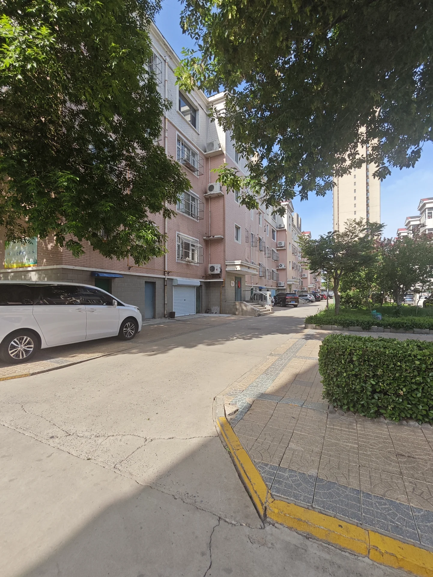 宁静的住宅街道，白车停靠路边，树木遮荫，建筑混合了住宅和商业风格，整体氛围安详。关键字:住宅街道 白车 树木 住宅与商业混合 宁静氛围