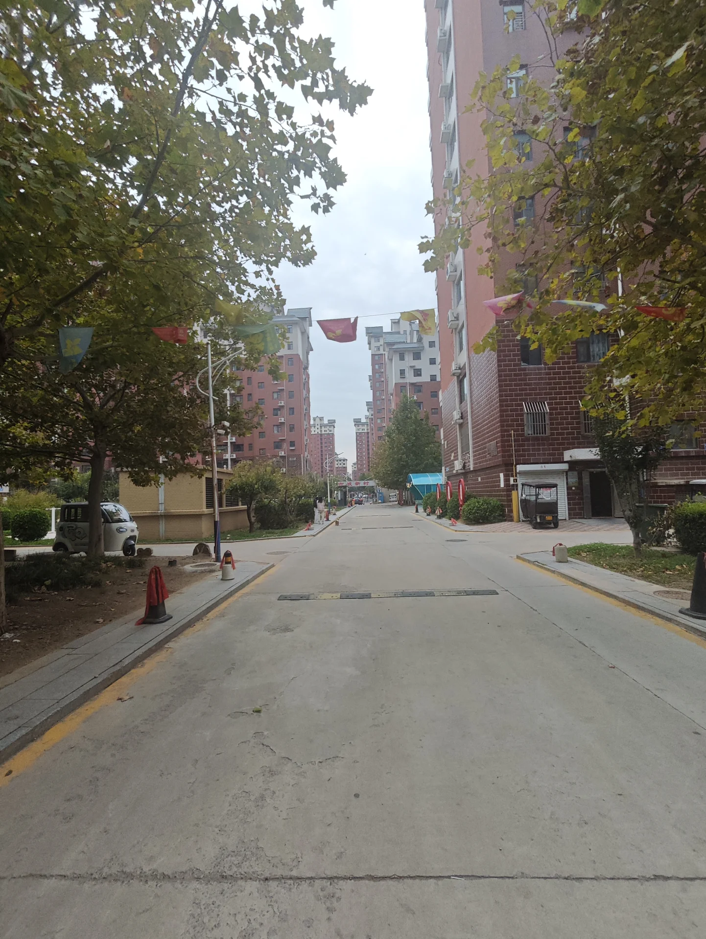 一条城市街道，两侧是多栋现代风格的住宅楼，道路两旁有树木和少量绿化带。天空略显阴沉，整体呈现出成熟社区的日常景象。