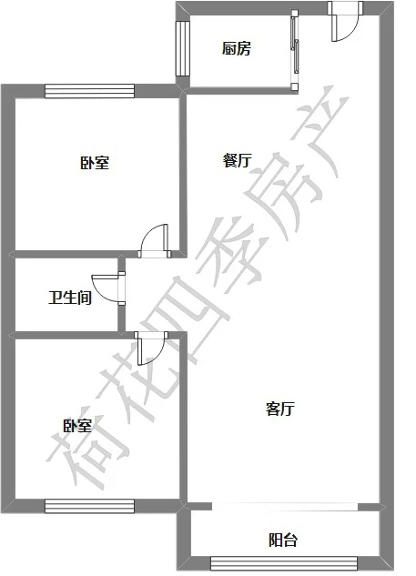 标准户型结构图，包含两间卧室、客厅、厨房、卫生间和阳台等功能分区，布局清晰。
