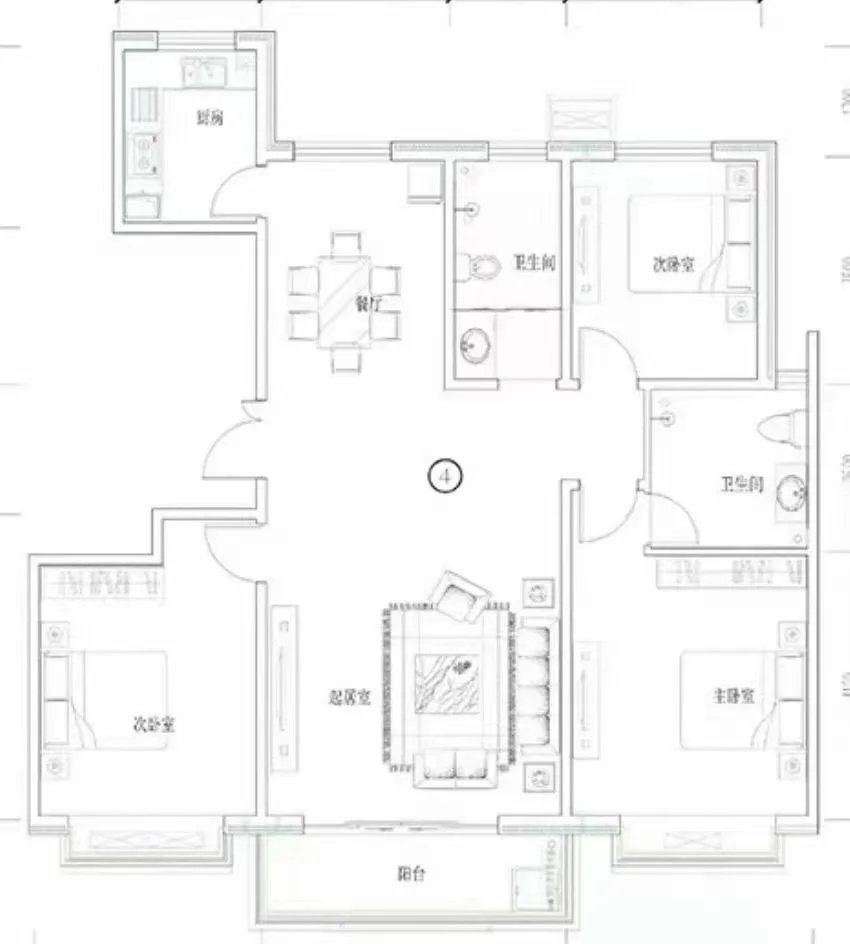 标准户型图，包含客厅、卧室、厨房等多个功能区域，空间布局清晰。