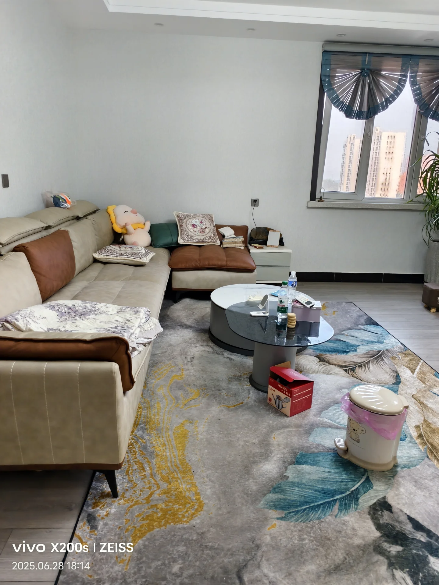 客厅场景，采用米色布艺沙发和深色茶几作为主要家具，地面铺设大面积图案丰富的地毯。房间采光良好，墙面简洁，整体呈现现代简约风格。
