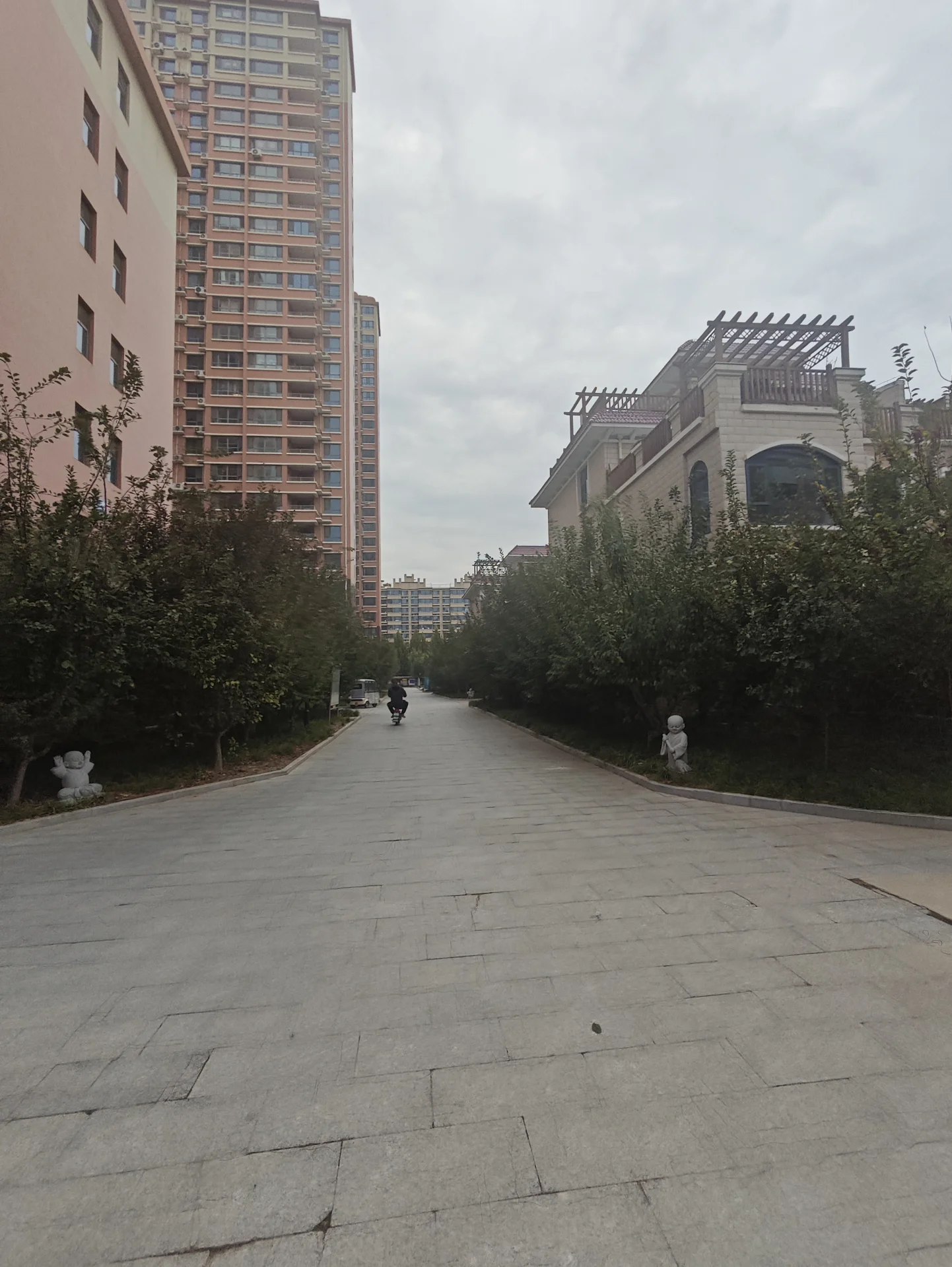 一条宽阔的社区内部道路，两侧种植了修剪整齐的绿植和树木，背景是高层住宅建筑和一栋风格独特的建筑，整体环境宁静和谐。