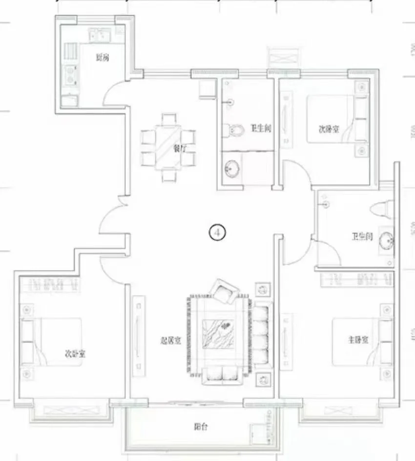 标准住宅平面图，包含客厅、卧室、厨房和卫生间等多个功能区域，空间布局清晰。