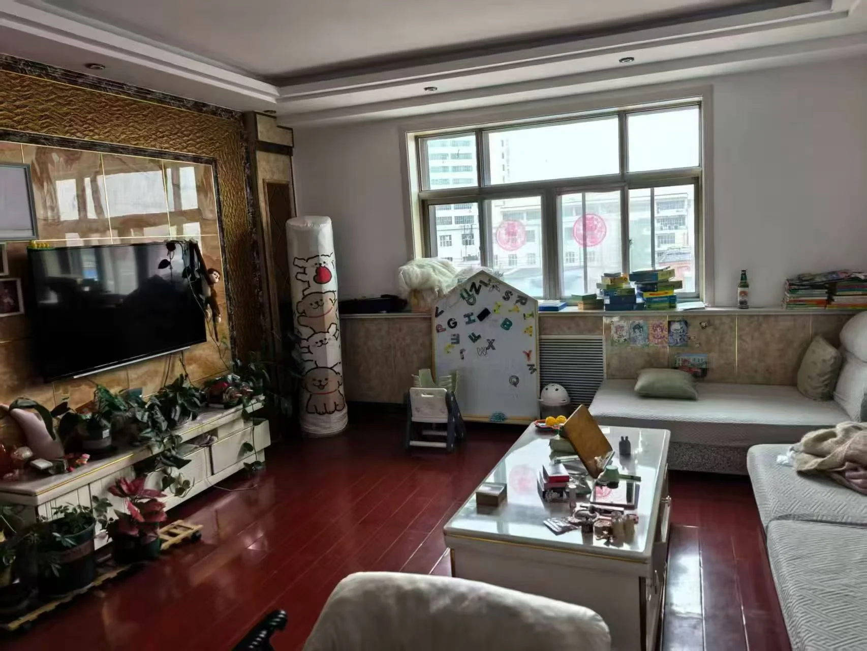 客厅场景，地面为深色木地板，配有白色沙发和电视柜。房间内摆放着绿植，采光适中，整体呈现基础的居住环境。