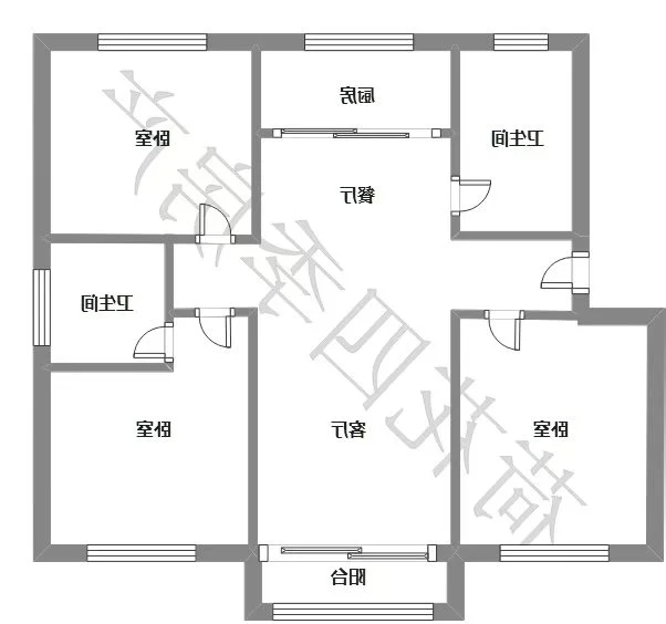 标准户型图，包含多个卧室（两间主卧、多间次卧）、客厅、餐厅和卫生间等功能分区，空间布局清晰。