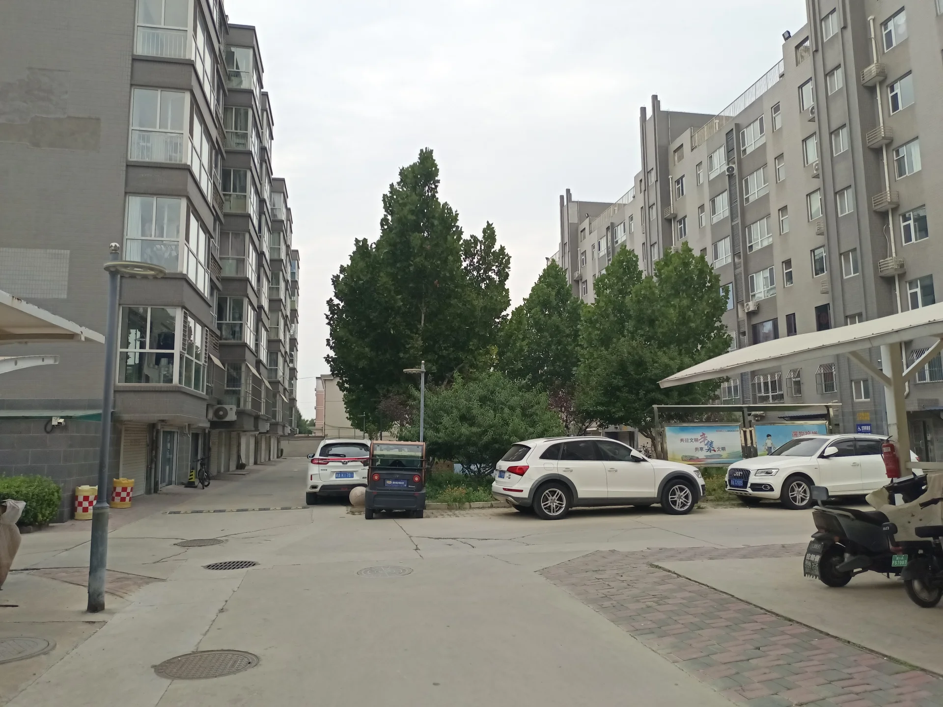 两栋多层住宅建筑两侧，中间留有停车区域和绿化带。建筑风格偏向现代简约的城市住宅，环境相对整洁，具有典型的居住社区氛围。